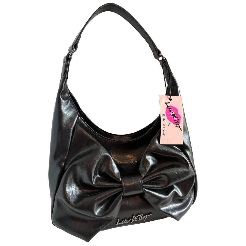 LUV BETSEY~ by Betsey Johnson Black Faux Leather Bow Hobo Shoulder Bag. NWT